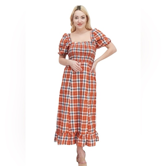 Fall Plaid Dress Smocked Bohemian Maxi Dress Orange Navy Combo Size M - Picture 11 of 11